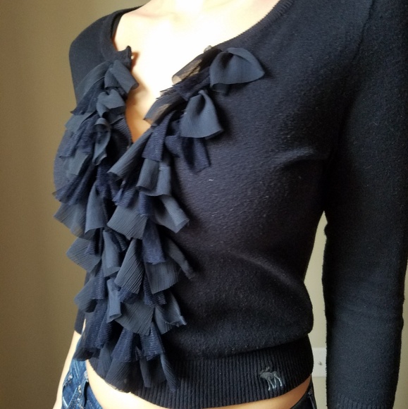 NWOT Navy Cardigan w/ Lace Fringe Detail - Picture 3 of 6